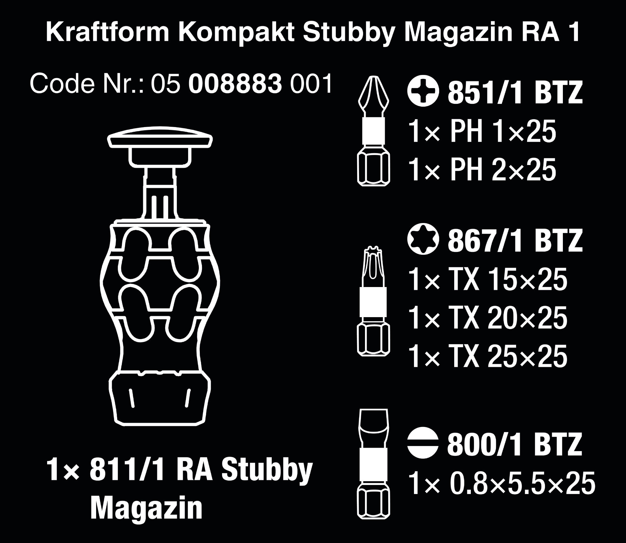 Dụng cụ mở vít cán ngắn tròng cóc tự động Wera 05008883001 Kraftform Kompakt Stubby Magazin RA 1 gồm 6 cái, 1 vít dẹp, 2 vít 4 cạnh và 3 vít hoa thị.