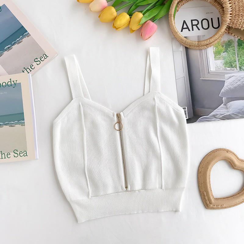 Áo dệt kim sát nách phối khóa kéo thiết kế kiểu dáng quyến rũ