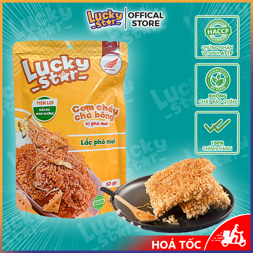 Cơm cháy chà bông vị phô mai đồ ăn vặt dinh dưỡng Lucky Star gói 50g thơm ngon đậm vị, cơm cháy Việt Nam đảm bảo ATTP