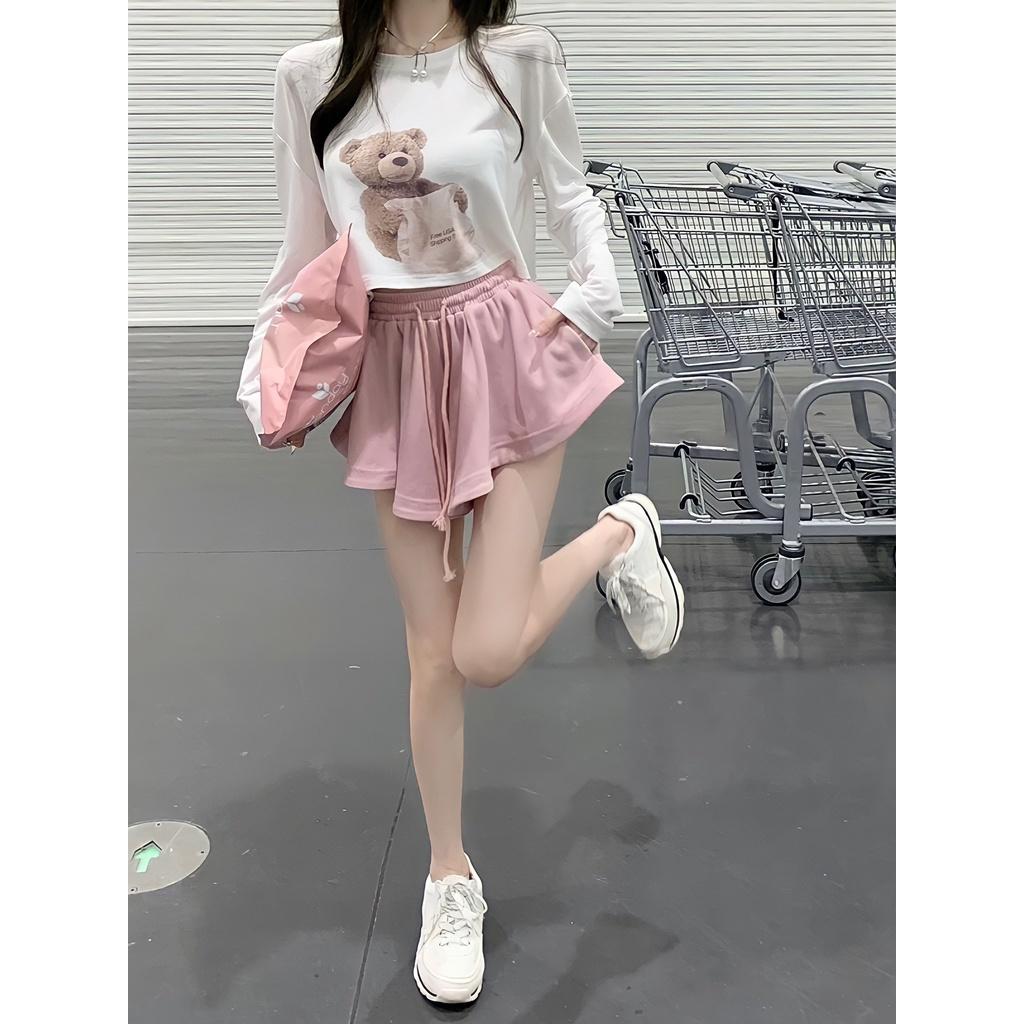 Set Bộ Áo Thun Dài Tay Hình Gấu Kèm Quần Váy Xòe 2 Lớp Dáng Thụng 2 Màu Siêu Xinh