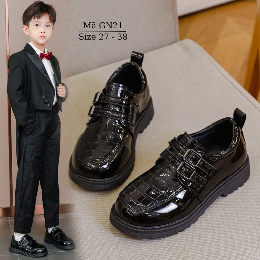 Giày da đen lịch lãm cho bé trai 3–12 tuổi: mặc vest, đi tiệc, chụp hình, đồng phục Vinschool và trường quốc tế GN21