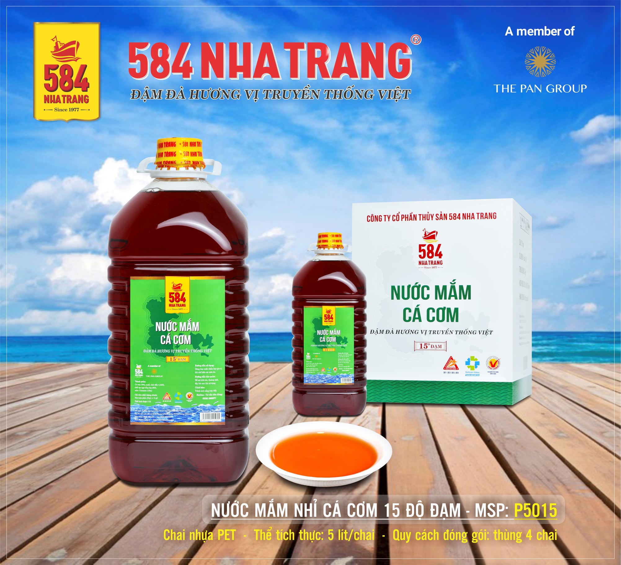 Thùng 4 Chai 5 Lít Nước mắm Cá cơm, 15 độ đạm - 584 Nha Trang, Nước mắm Truyền Thống, Date mới nhất