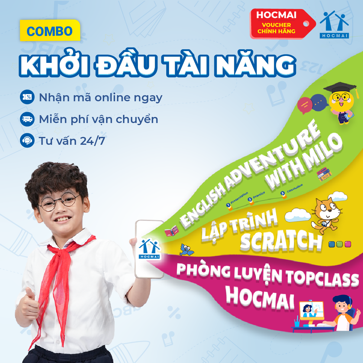 HOCMAI  Combo Khởi Đầu Tài Năng 2: Khóa học ngữ pháp Tiếng Anh Milo +Phòng luyện TOPCLASS -Toàn quốc