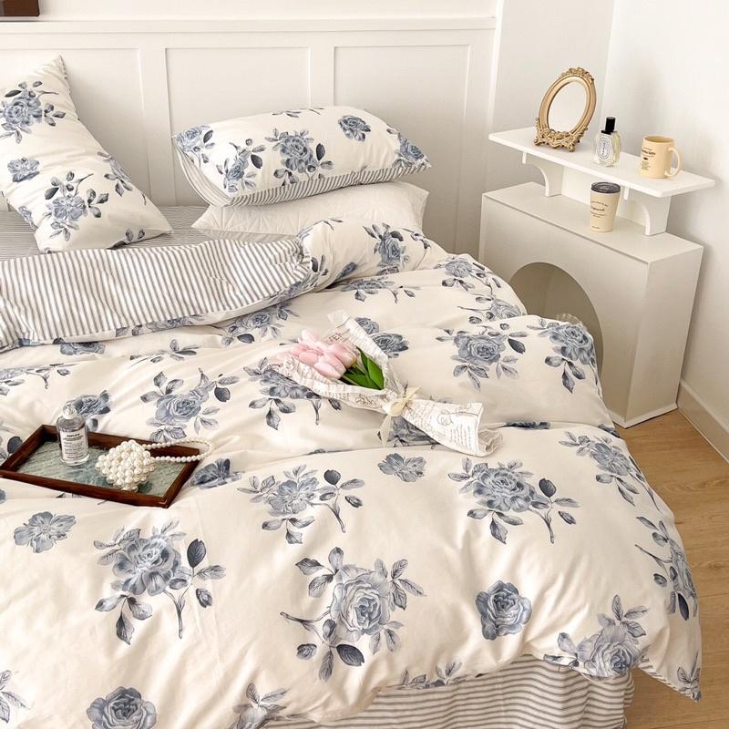 Bộ Chăn Ga Gối Cotton living 100%cotton Hàng Nhập Khẩu Cao Cấp Hoa Hồng Pháp