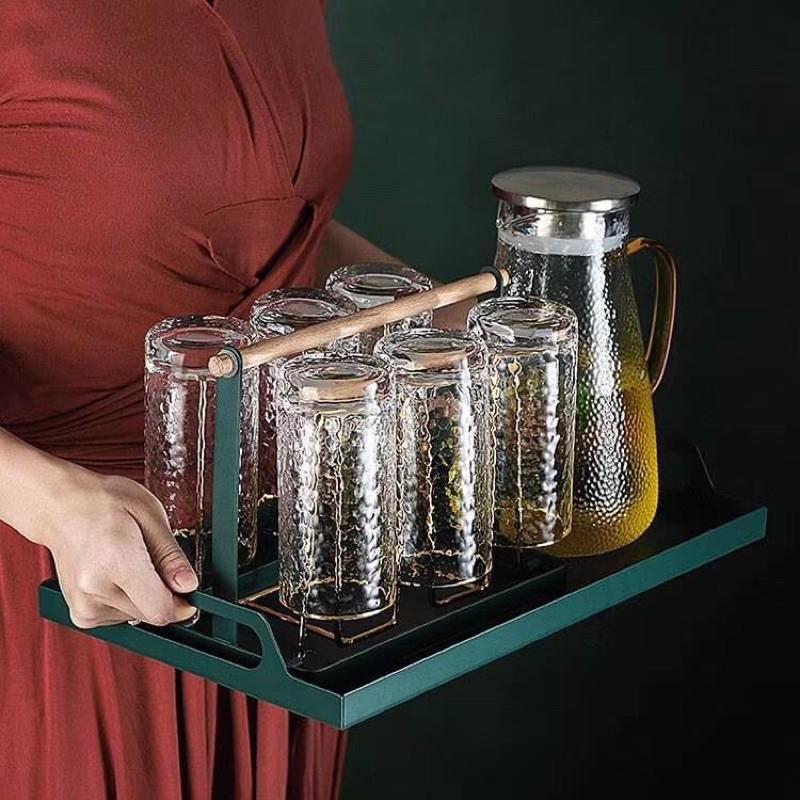 Khay úp ly cốc kim loại , Giá úp ly cốc quai gỗ khung inox 304 không gỉ