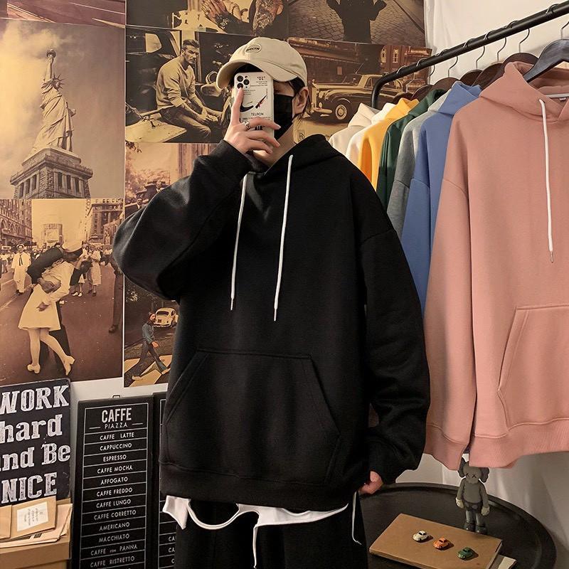 Áo hoodie đen trắng trơn nam nữ form rộng hàn quốc unisex dài tay basic Áo hoodie nỉ bông đen trắng YiiL HD07
