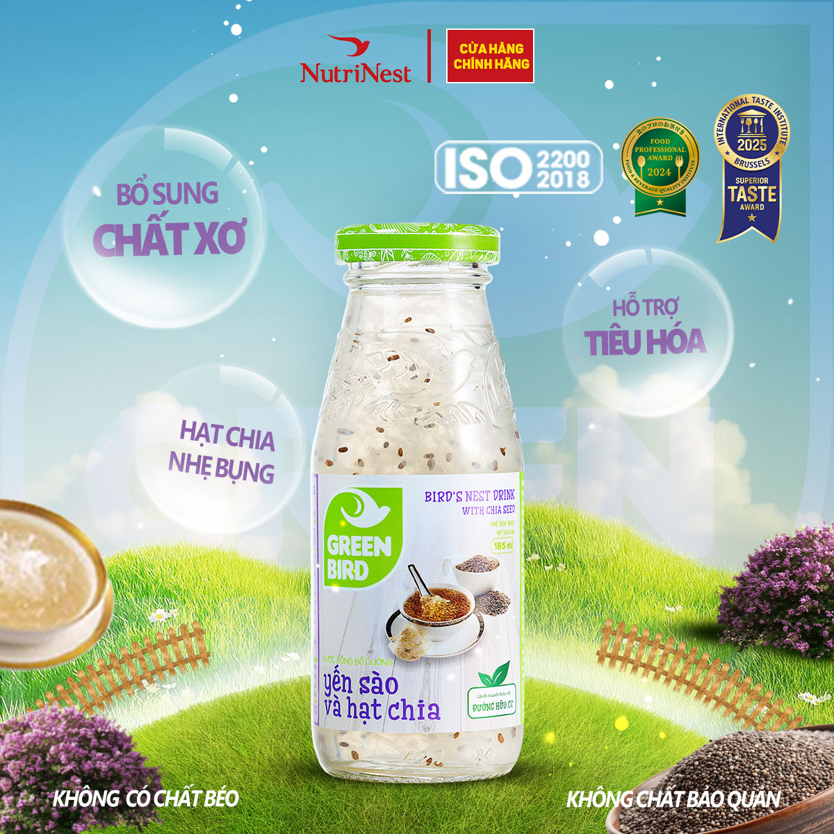 Nước Yến Và Hạt Chia Green Bird Thanh Mát Ngọt Nhẹ Chai 185ml