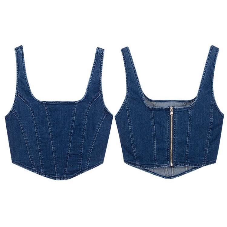 Áo hai dây corset bò denim ôm sát croptop đường cắt mau kiểu vest phong cách retro