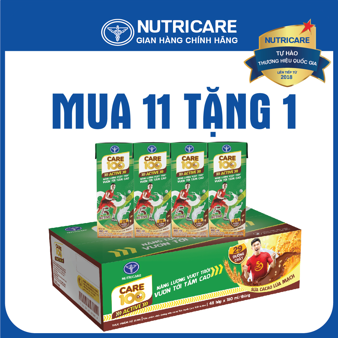 [Mua 11 lốc tặng 1] Sữa nước Nutricare Care 100 Active ca cao lúa mạch (180ml)