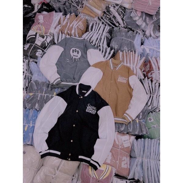 Áo Khoác Bomber Jacket Nhung Gân Tăm Thêu SUPER BROS Varsity Basic Form Rộng Nam Nữ Unisex Ulzzang