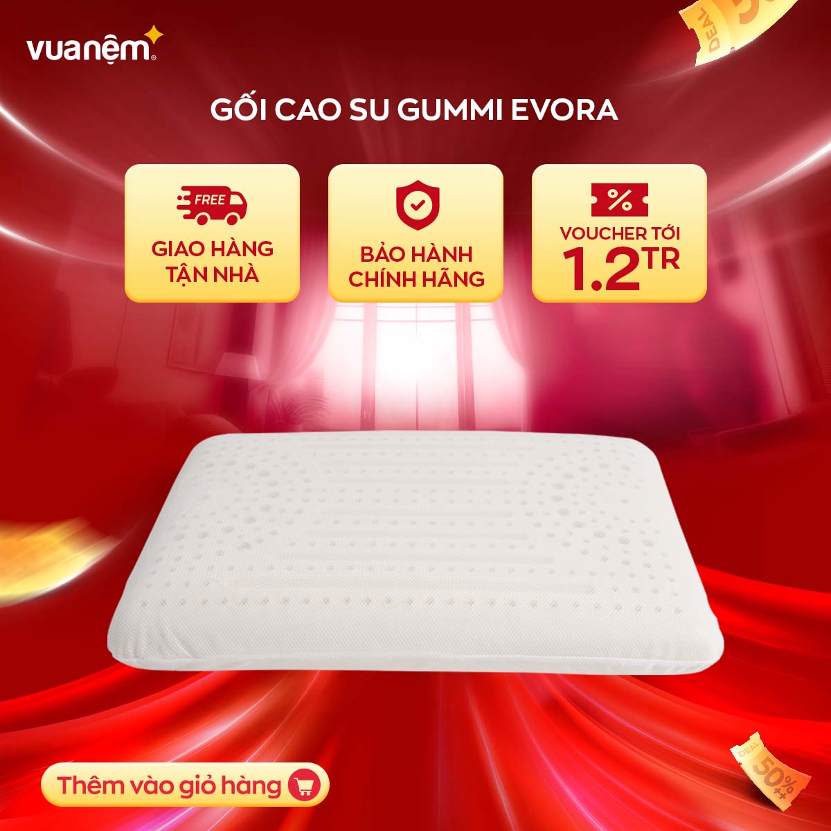 Gối cao su Gummi Evora 40x60cm cao cấp, chống đau cột sống cổ, kháng khuẩn, thoáng mát