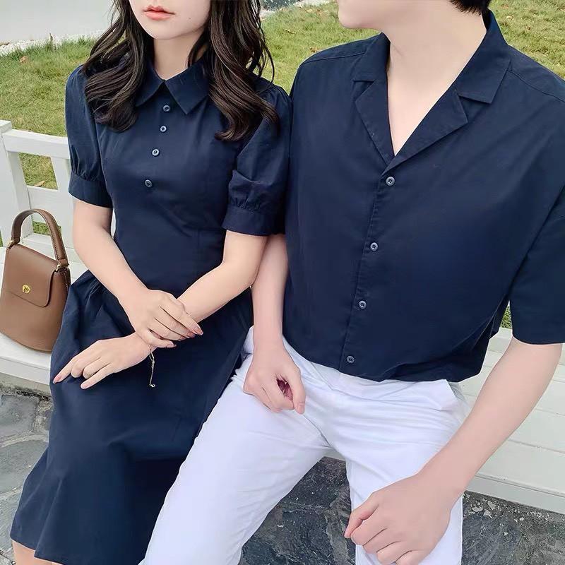 Áo đôi nam nữ ️️ Áo đôi váy sơ mi nam nữ cặp đôi Hàn Quốc màu xanh than dễ thương AV66