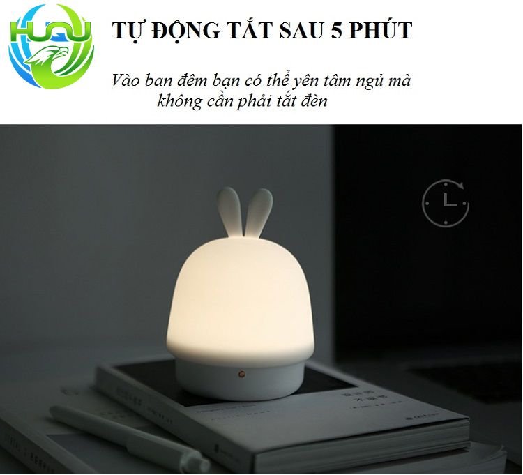 Đèn Ngủ Cảm Ứng Hình Tai Thỏ Huqu Dễ Dàng Điều Chỉnh Độ Sáng ,Dùng  Pin Sạc -3 Chế Độ Ánh Sáng Khác Nhau -Hàng Chính Hãng