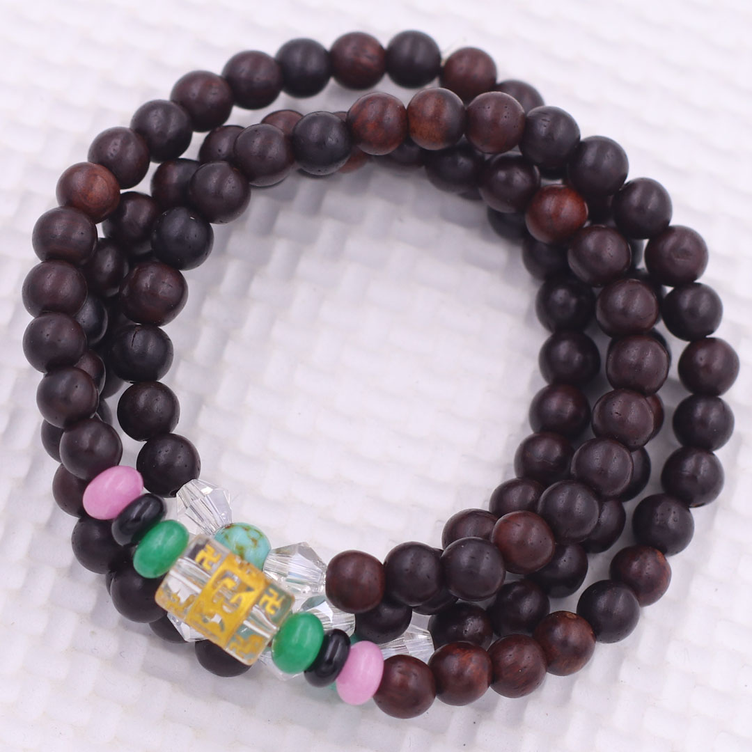 Vòng chuỗi 108 hạt gỗ đàn hương nâu 6 ly charm lục tự kim ngôn, vòng chuỗi niệm Phật, vòng chuỗi đeo tay