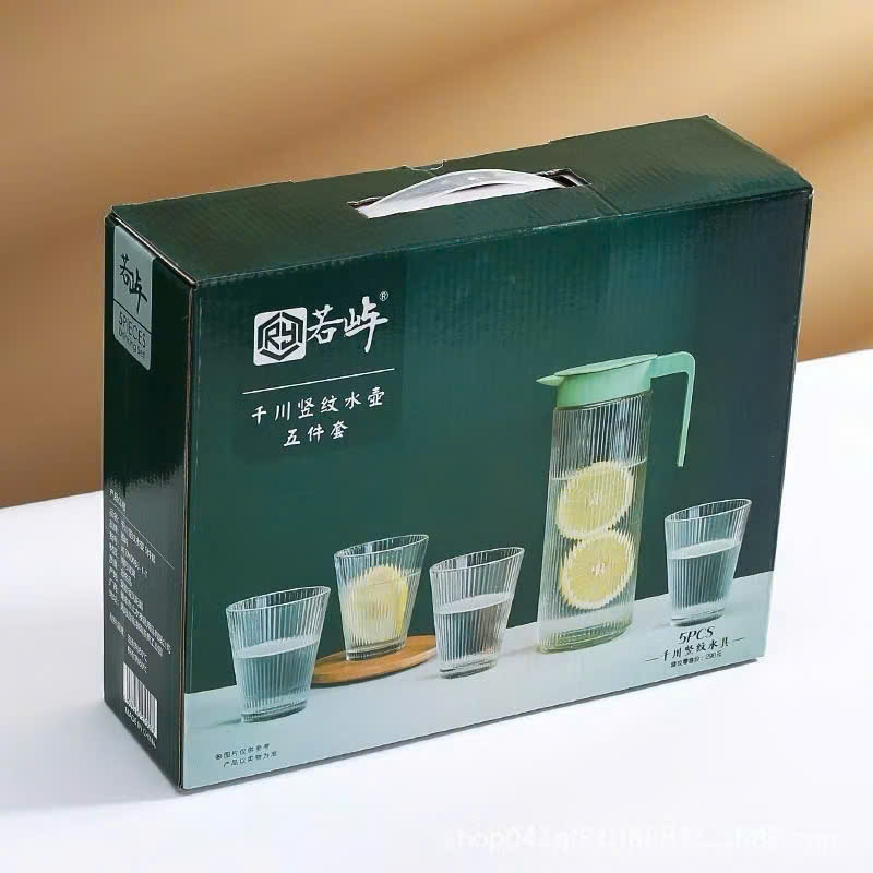 Bình Nước Thủy Tinh Cao Cấp Có Tay Cầm Kèm 4 Cốc, Bộ Ấm Nước 1000ml Vân Sọc Sang Trọng - HÀNG CHÍNH HÃNG MINIIN