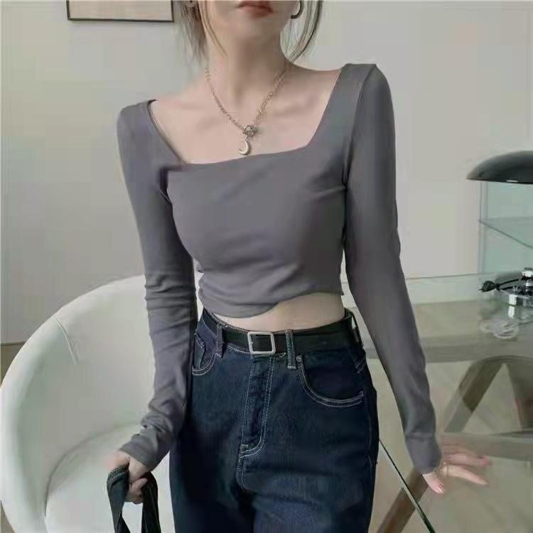 Áo croptop , áo croptop tay dài, cổ vuông màu trơn co giãn thời trang đẹp giá rẻ phong cách Hàn Quốc ACN005
