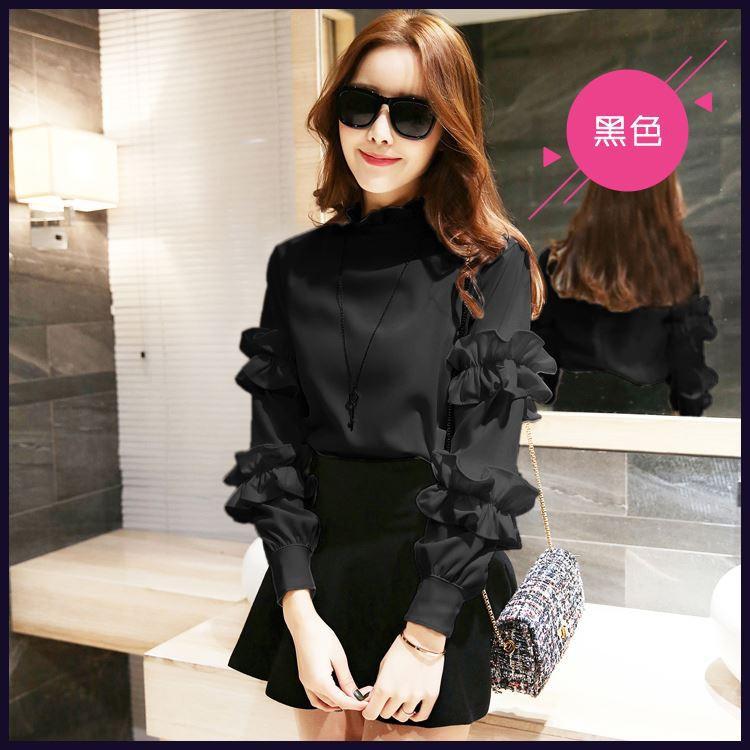 Áo kiểu vải voan tay dài phối bèo thanh lịch cho nữ