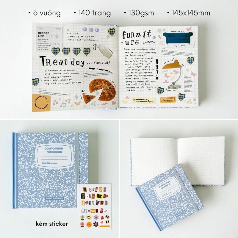 Sổ Grid Khổ Vuông 140 Trang 130gsm - Crabit Notebuck 1593 + Kèm Sticker Composition Collection - Tím Blueberries