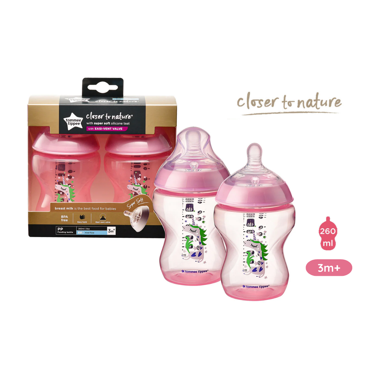 Bình Sữa Ty Siêu Mềm Tự Nhiên Tommee Tippee Closer To Nature 260ml, Núm Ty Của Bình 3-6 tháng - Hồng (Bình Đôi)