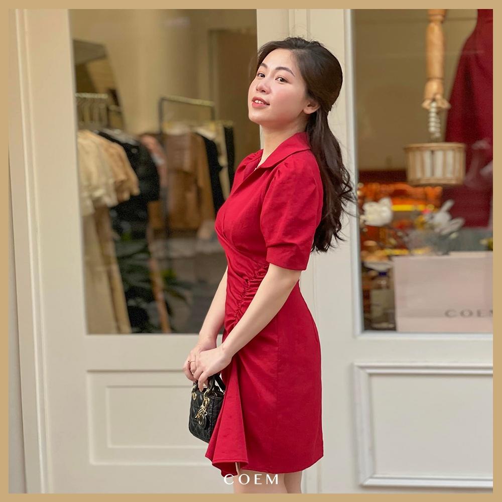 Váy Sơ Mi Công Sở Thắt Eo Lệch Tay Phồng Màu Đỏ CO EM Chất Liệu Linen Premium Thấm Hút Tốt Phù Hợp Đi Làm Đi Chơi