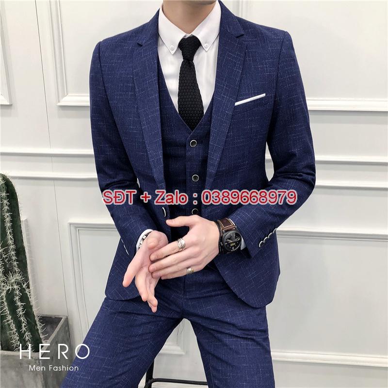 Bộ Vest Nam Cao Cấp Hàn Quốc Kẻ Xanh Than, Bộ Suit Nam thanh niên Kẻ xanh chất vải sịn