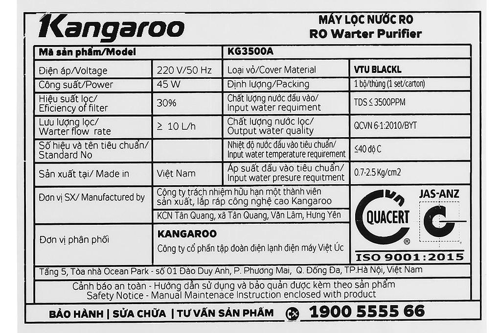 MÁY LỌC NƯỚC RO KANGAROO KG3500AVTU 8 LÍT , 10 LÕI - HÀNG CHÍNH HÃNG ( CHỈ GIAO HCM)