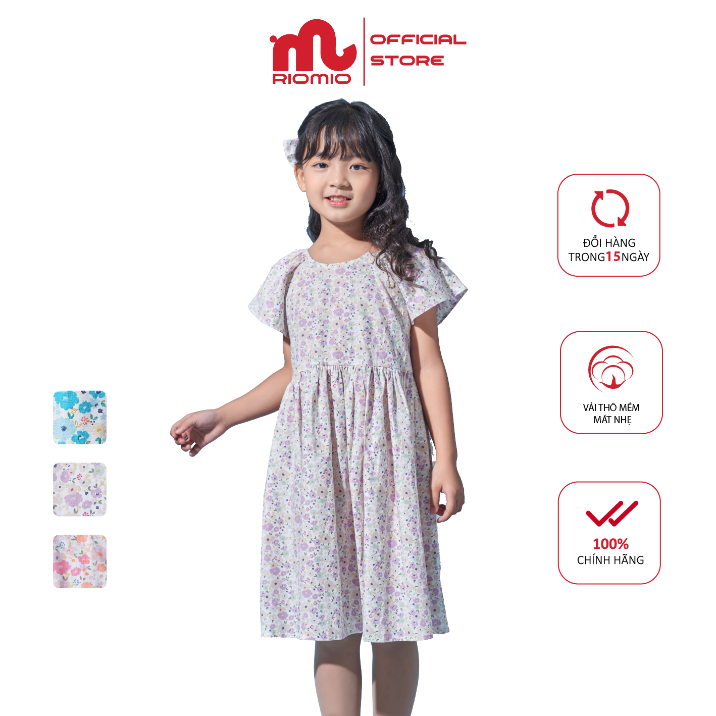Đầm bé gái 15-40kg RIOMIO hoa nhí cúc chéo xinh xắn cho bé chất liệu cotton thô mềm mát - RV182