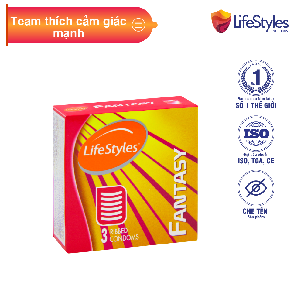 Bao cao su LifeStyles Fantasy Gân Ngang, Nhiều Gel Bôi Trơn tăng Khoái Cảm - Hộp 3 bao