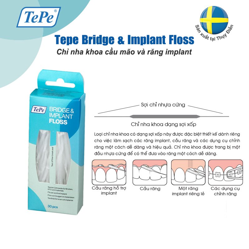 Chỉ nha khoa cho cầu mão răng Tepe Bridge - Implant Floss (30 sợi)