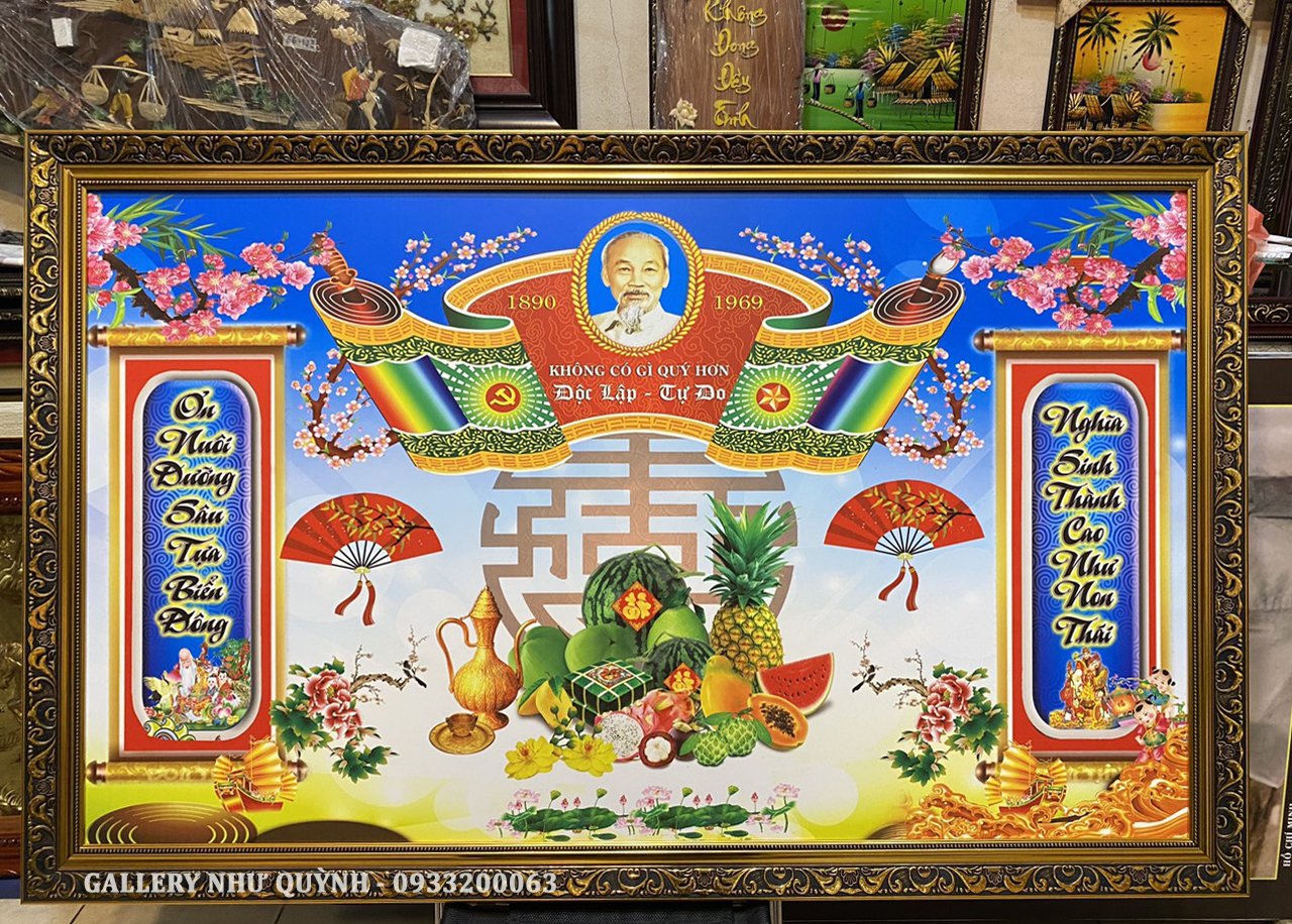 Tranh in dầu, cuốn thư thờ cúng Gia Tiên - Bác Hồ - GT20