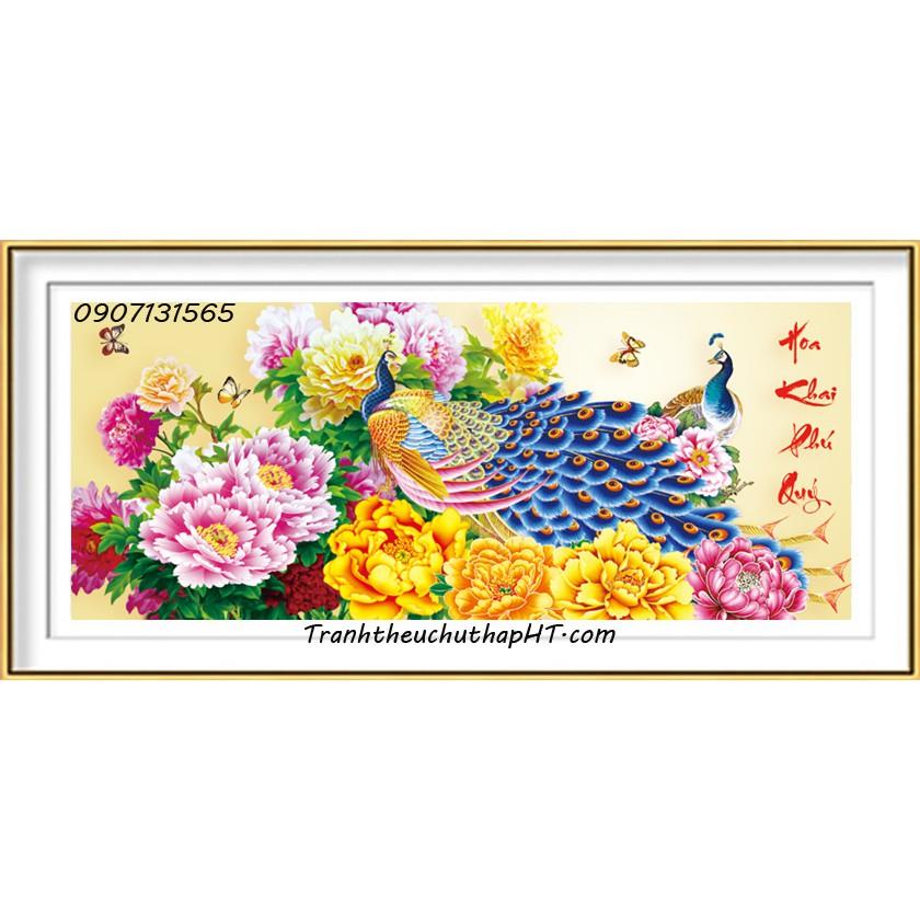 Tranh thêu chữ thập chim công hoa mẫu đơn Hoa khai phú quý LV3063 - size: 88*43cm (tự thêu)