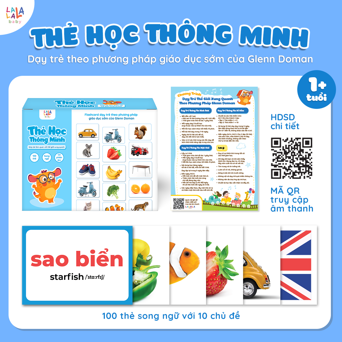 Flashcard Cho Bé - Bộ 100 Thẻ Học Thông Minh Giáo Giục Sớm Glenn Doman size A5 15x21cm song ngữ Anh Việt - Lalala Baby