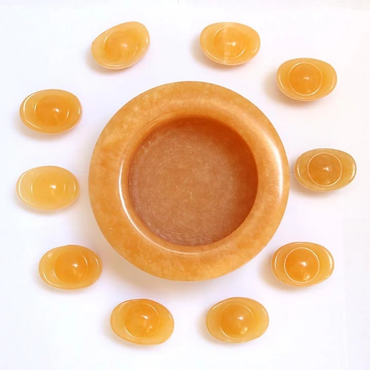 Bát vàng Bát Tụ Bảo Đá Ngọc Hoàng Long Chiêu Tài kích thước 10cm + 9 thỏi vàng
