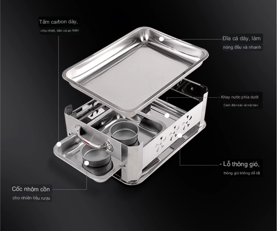Bếp Nướng Hấp Cá Thức Ăn Sử Dụng Than Hoặc Cồn BBQ Dual INOX 304 - hàng cao cấp