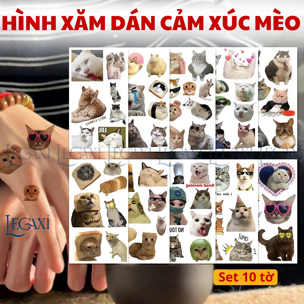 Set 10 Tờ Hình Xăn Dán Mèo Ngộ Nghĩnh Tattoo Sticker Mèo Meme Vô Tri Dễ Thương Hài Hước Cute Cho Bé