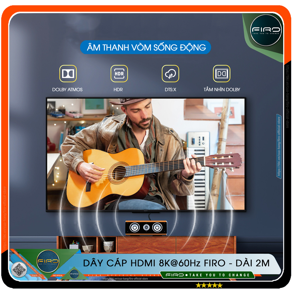 Cáp HDMI FIRO ATMOS - Dây HDMI 2.1 8K/60Hz/48Gbps - Dài 2M Lõi Dù Dùng Cho Tivi/ Máy Tính/ Playstation - Hàng Chính Hãng