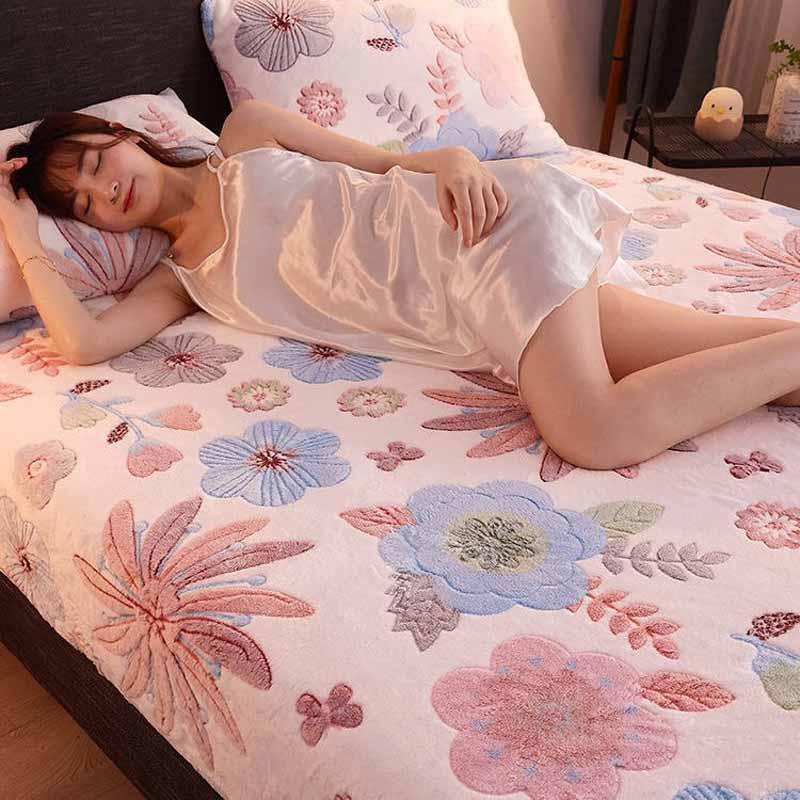 WOSTAR Mùa Đông Ấm Dép Nỉ Thun Trang Bị Tấm Bảo Vệ Nệm Bao In Họa Tiết Hoa Sang Trọng Siêu Mềm Ấm Cúng Giường Đôi Giường