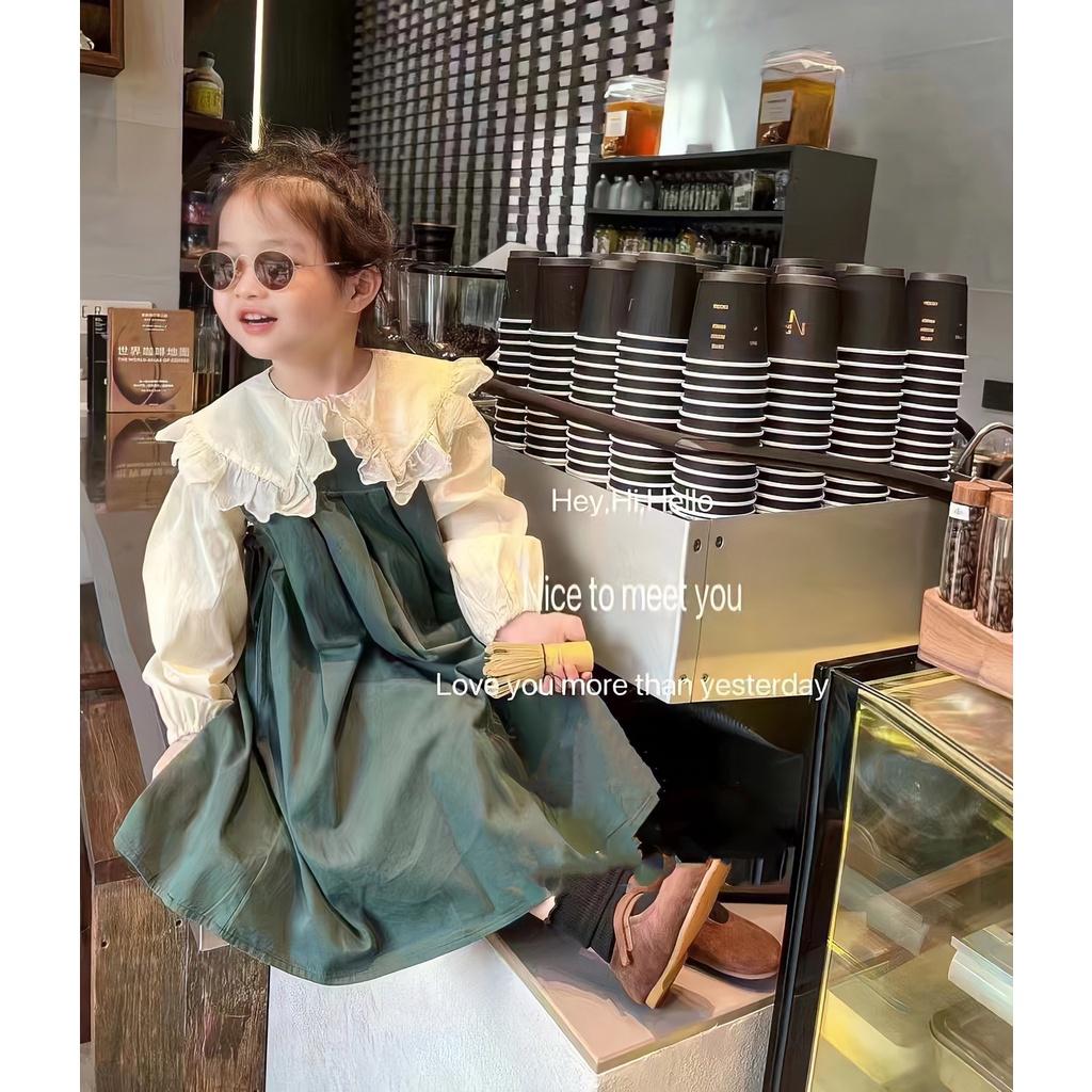 Bộ yếm cho bé gái phối sơ mi dáng babydoll rộng tone màu Hàn Quốc size 12-30kg hàng Quảng Châu