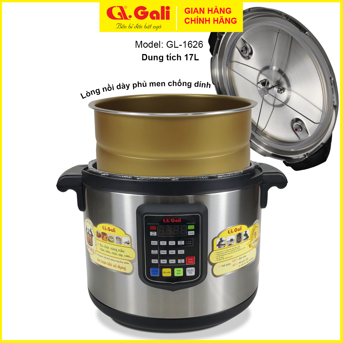 Nồi áp suất điện Gali GL-1626 6 lít, đa chức năng nấu, hầm các loại thịt, tôm cua cá, ninh đậu, nấu chè, hàng chính hãng bảo hành 24 tháng