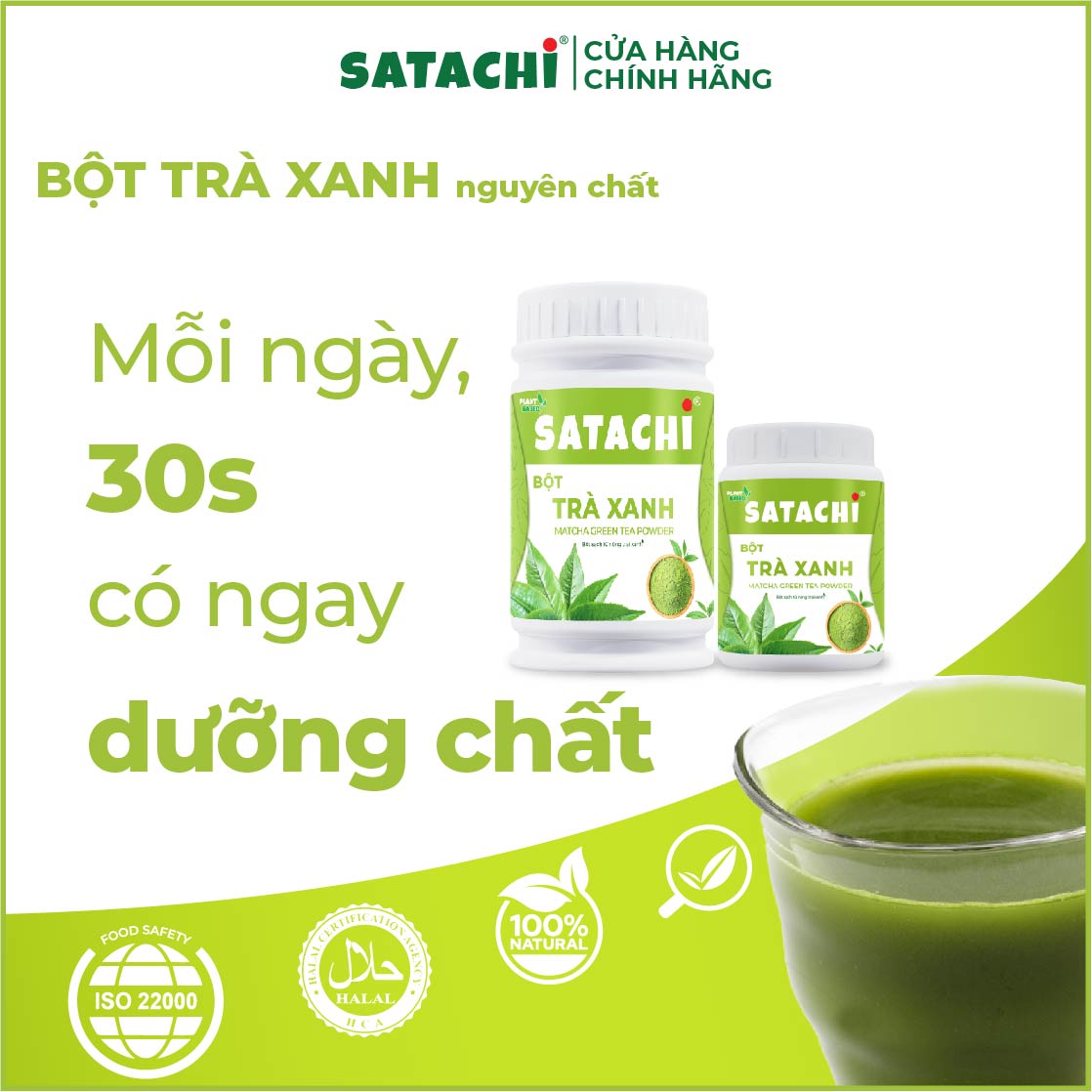 Bột Trà Xanh Nguyên Chất SATACHI – 100% lá trà xanh tự nhiên, không đường – Hộp 98g