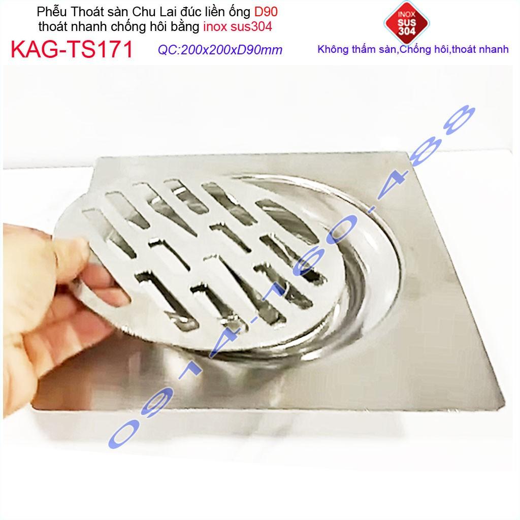 Phễu thoát sàn Chu Lai 20x20cm KAG-TS171-D90, Hố ga thoát sàn ống 9cm SUS304 inox đúc dày thoát nhanh chặn tóc tốt