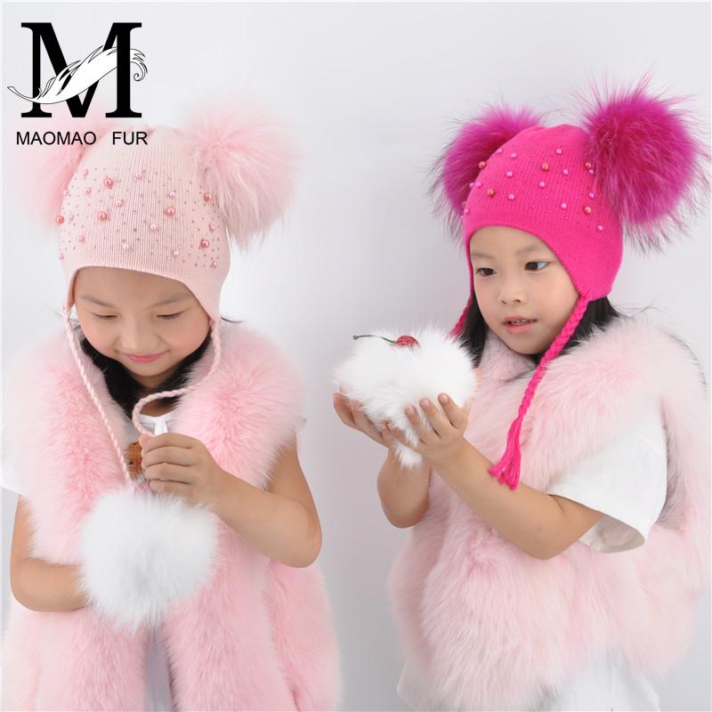 Trẻ Em Mùa Đông Ấm Áp Mũ Đôi Lông Pom Pom Beanie Len Dệt Kim Mũ Cho Bé Bé Trai Bé Gái Thật Gấu Trúc Lông Bóng bò Mũ Bonnet