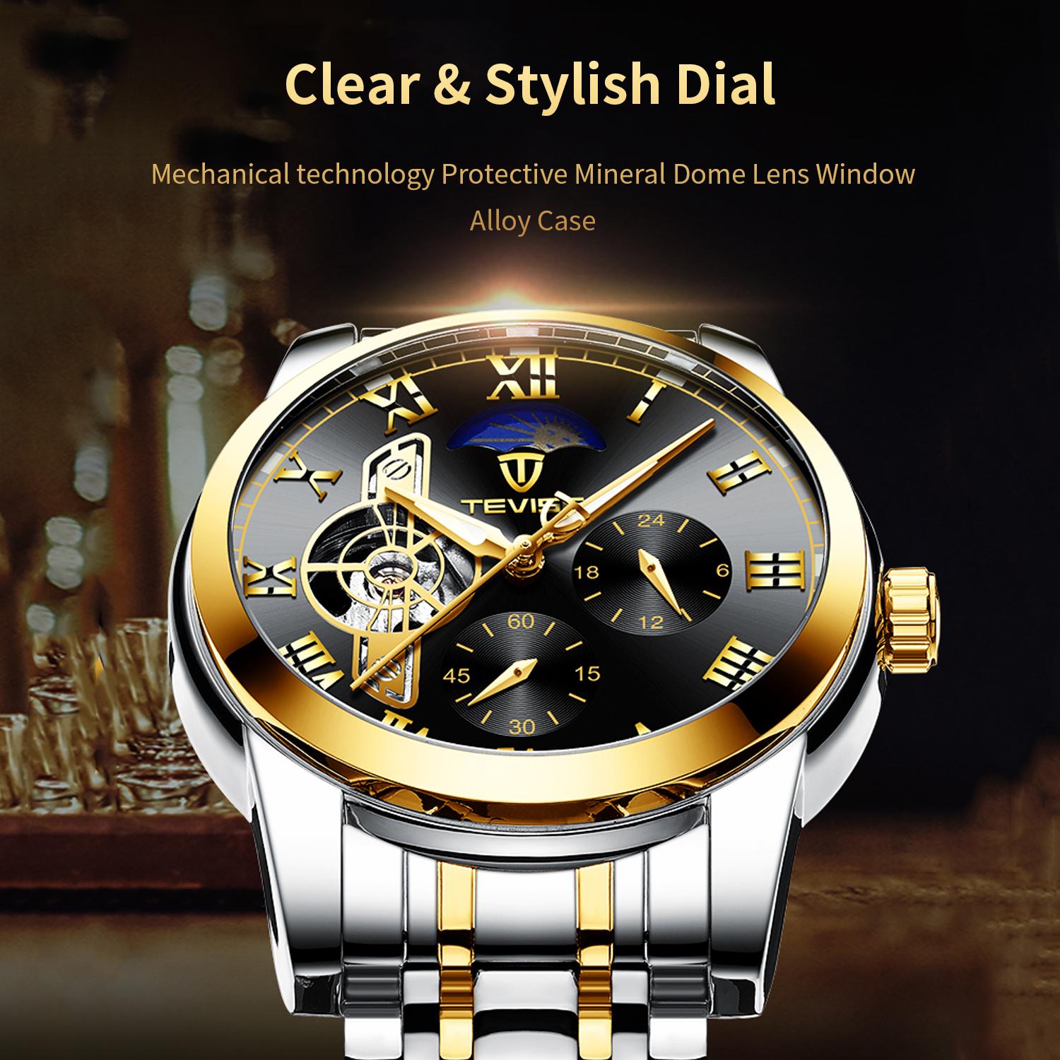 Đồng hồ nam dạ quang Tevise Skeleton/Tourbillon không thấm nước Moon Phase - Vàng & Đen