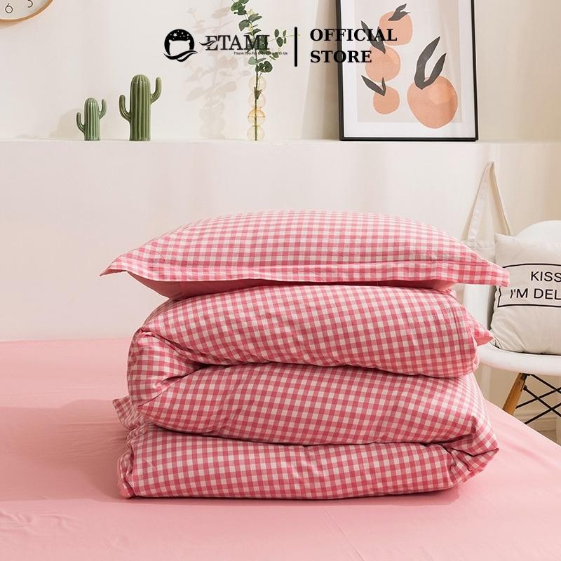 Bộ chăn ga gối đệm cao cấp cotton poly kẻ hồng nhí cute bo chun drap giường ga trải giường P11