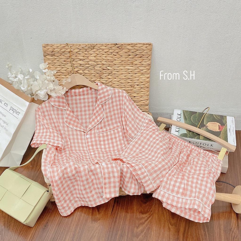 Bộ pijama caro đũi lạnh màu sắc tươi sáng muslin Hàn Quốc