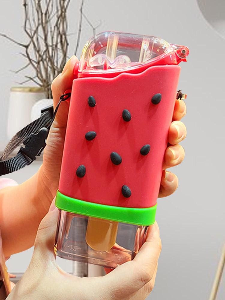 Bình Nước Làm Kem Ấm Siêu Sáng Tạo Phong Cách Dễ Thương Dưa Hấu Cốc Có Dây Ống Hút 300Ml Di Động Cho Cho Bé Mẫu Giáo Trẻ Em
