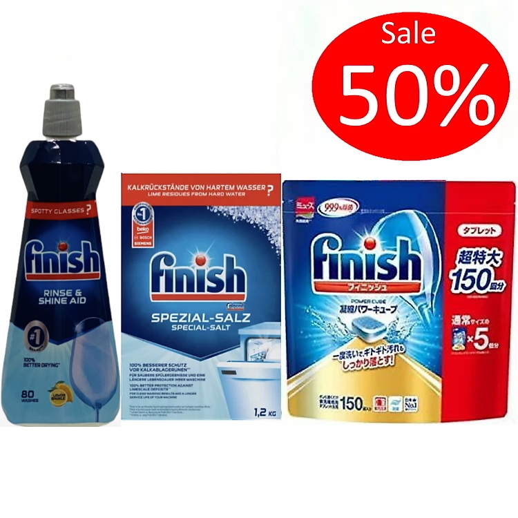 Vệ Sinh Máy Rửa Bát Finish - Combo 150 Viên Muối 1.2Kg Bóng 400Ml