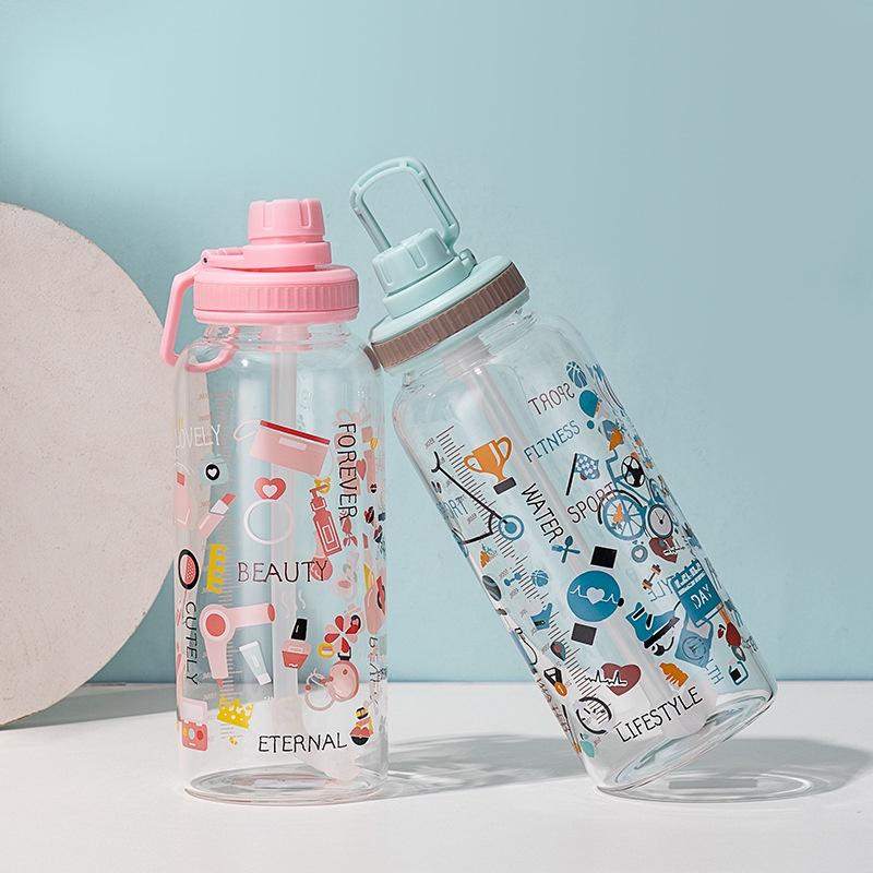 Bình Đựng Nước Thủy Tinh Hàn Quốc Cute Decor Nắp Vặn Có Ống Hút 450 ml - HUMI