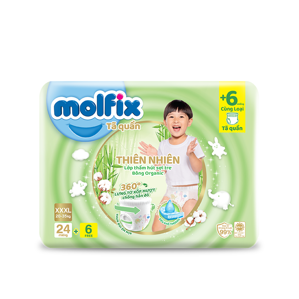 Tã/bỉm quần Molfix Thiên nhiên Jumbo XXXL - Gói 24+6 miếng