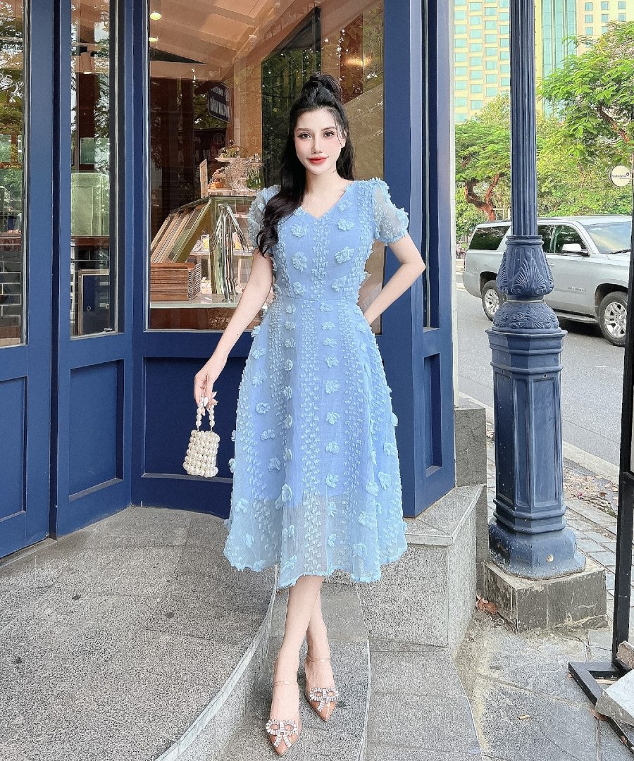 Đầm xòe voan bông nổi 3D lưới tiểu thư DAM0032 – Lady Fashion